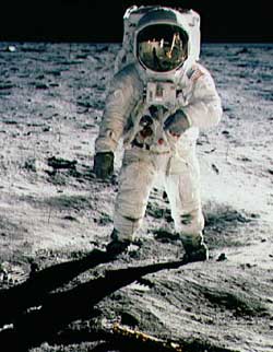 Astronaut Buzz Aldrin poses for a famous photo on the lunar surface taken by Neil Armstrong.