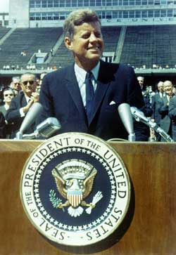 President John F. Kennedy delivers his famous Rice Stadium speech in September 1962, describing his reasons for sending Americans to the moon.