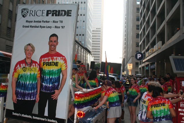 Rice alumni Annise Parker and Ryan Levy are pictured on Rice's float for Houston's pride parade.