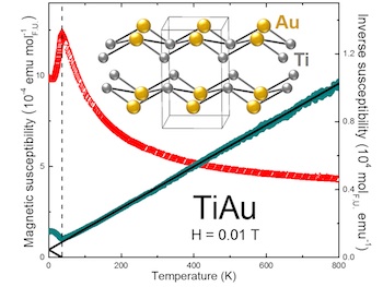 Measurements show that a crystalline form of titanium and gold – TiAu – becomes magnetic (red peak) at a cold 36 kelvins, about minus 395 degrees Fahrenheit. 