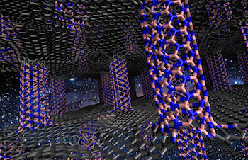 The calculated properties of a three-dimensional hybrid of graphene and boron nitride nanotubes would have pseudomagnetic properties, according to researchers at Rice University and Montreal Polytechnic.