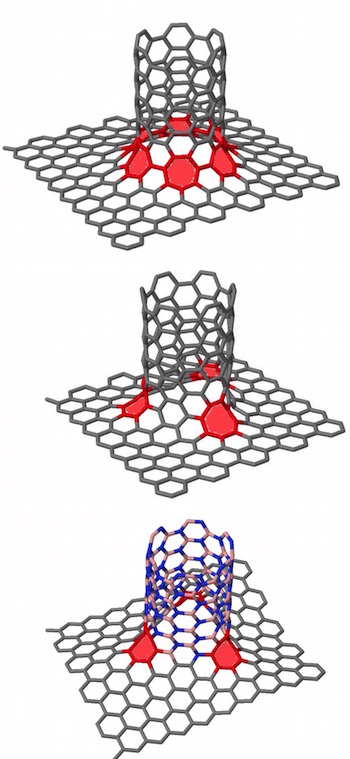 Researchers at Rice University and Montreal Polytechnic analyzed the electromagnetic effects of junctions between nanotubes and graphene sheets. From top to bottom are a graphene/carbon nanotube hybrid with seven-membered junctions, a graphene/carbon nanotube hybrid with eight-membered junctions and a graphene/BNNT hybrid with eight-membered junctions.