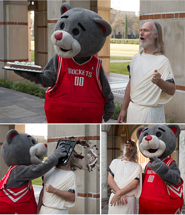 Series of photos showing Houston Rockets' Clutch the Bear throwing a cake in Socrates' face