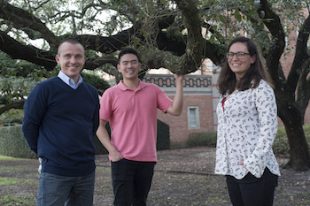 Rice researchers, from left, Scott Egan, Sean Liu and Kelly Weinersmith. They discovered a wasp that victimizes gall wasps by modifying their behavior and tunneling to freedom through their heads.