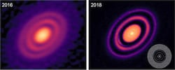 Images taken several years apart of HD 163296, a star nearly 350 light years away and seen over the Southern Hemisphere, show how improvements in the quality of images at the ALMA radio telescope have revealed new features of its protoplanetary disks. A Rice University astronomer has authored a paper explaining some of the features as part of a major survey of 20 young stars with planet-forming disks. (Credit: Andrea Isella/DSHARP/ALMA)