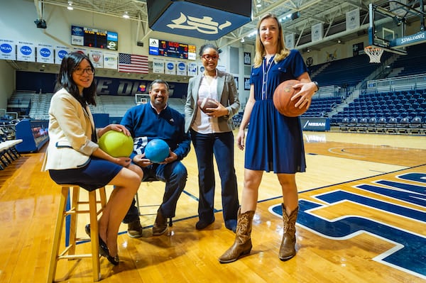 Rice University researchers have reported that children schooled at home may not get enough exercise even if they participate in organized sports and physical activities. From left, lecturers Cassandra Diep, Augusto Rodriguez, Amanda Perkins-Ball and Laura Kabiri, all members of the Rice Department of Kinesiology. (Credit: Jeff Fitlow/Rice University)
