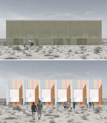 Veronica Gomez' design for a data collection center at the border would facilitate meetings and host a collection of oral and written histories of visitors. The building also makes a point about disparity, as the Mexican side (top) presents a plain face, while the U.S. side is more colorful. (Renderings by Veronica Gomez)