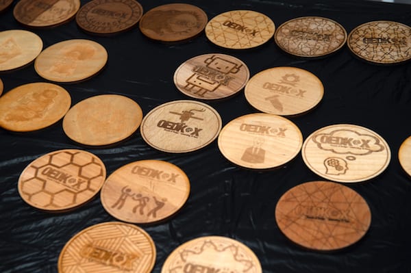 Custom laser-cut coasters greeted partygoers at the OEDK event. Photo by Jeff Fitlow
