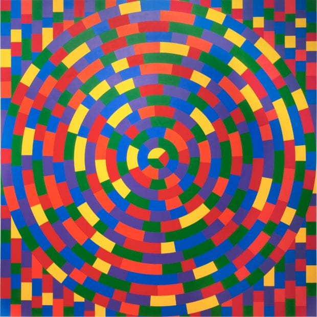 Sol LeWitt, Wall Drawing #1115: Circle within a square, each with broken bands of color, 2014, Acrylic paint, dimensions variable. Gift of Russell H. Pitman. © Estate of Sol LeWitt / Artists Rights Society (ARS), New York.