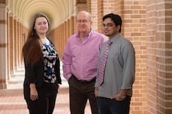Rice University researchers, from left, Ksenia Bets, Boris Yakobson and Nitant Gupta, have simulated the growth of 2D monocrystals of hexagonal boron nitride and detailed the mechanism by which large crystals form on a stepped surface. (Credit: Jeff Fitlow/Rice University)