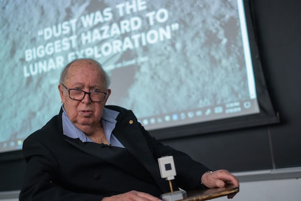 Brian O'Brien continues to research the effects of moon dust on astronauts and equipment. He spoke to Rice scientists and gave a public lecture on March 18. Photo by Jeff Fitlow