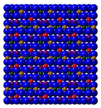 An illustration shows the structure of epsilon-iron(III) oxide, an atomically thin material that is stable, stackable and unlike other iron oxides retains its unique magnetic properties at room temperature. Rice University engineers made the material with a simple method that allows it to be easily transferred and combined with other 2D materials. (Credit: Jiangtan Yuan/Rice University) 