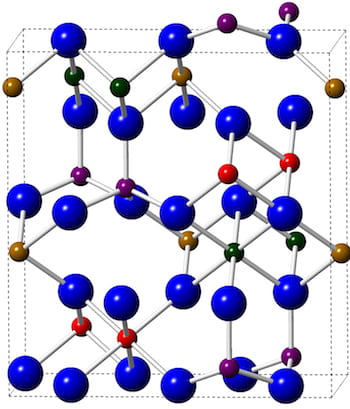 Epsilon-iron(III) oxide incorporates oxygen atoms (blue) and iron atoms (everything else) into a crystal lattice with magnetic properties that, unlike other iron oxides, remain stable at room temperature. This makes the nearly 2D material a good candidate for combining with other atom-thick materials for novel electronic and spintronic applications. (Credit: Jiangtan Yuan/Rice University)
