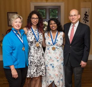 From left: Annise Parker, Sonia Torres, Navya Kumar and Rice President David Leebron. Photo by Tommy LaVergne.