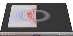 A model by Rice University shows how compressive strain (blue) and tensile strain (red) form as a growing two-dimensional crystal conforms to a micron-scale "donut" pattern on a substrate. The strain makes the hole a semiconductor and a possible source of single-photon emission. (Video by Nitant Gupta/Henry Yu/Yakobson Research Group)