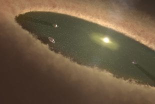 Artist's concept of young planetary system with gas giant planets and a remnant protoplanetary disk