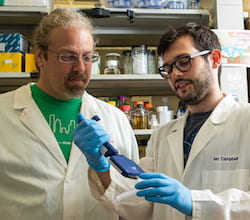 Rice University synthetic biologist Joff Silberg, left, and graduate student Ian Campbell harnessed ancient ferredoxin proteins in bacteria to improve control over electron transfer in the single-celled organisms. Their work in collaboration with Rutgers University scientists could have significant impact on processes that manipulate microbes to produce biofuels and other industrial products. (Credit: Jeff Fitlow/Rice University)