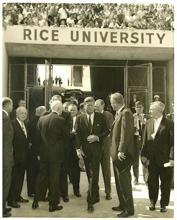 President Kennedy and Dr. Kenneth Pitzer enter Rice Stadium.