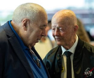 George Abbey, left, with Chester Vaughan, a veteran Apollo engineer and former chief engineer of the International Space Station, at Rice on May 20. Photo by Jeff Fitlow