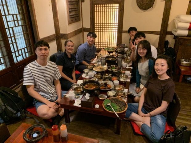 Jennifer Hunter, admissions and visibility strategy manager in the Office of Graduate and Postdoctoral Studies, joined incoming Rice graduate students Sangwon Seo, Jung Kim, Byoung Yong Yoo, Dongjoo Lee, Dayong Lee and Jennifer Lee for a meal of bulgogi and jjamppong July 16 in the Mapo District of Seoul, South Korea.
