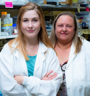 Rice University graduate student Madeline Monroe, left, and bioengineer Jane Grande-Allen led a project to use layered filter paper to mimic aortic heart valves. The technique revealed that a natural collagen appears to have a strong association with calcification when it is found outside its usual domain. (Credit: Jeff Fitlow/Rice University)