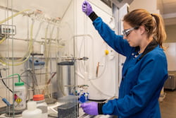Rice University graduate student Nicole Behnke prepares a laboratory experiment to produce azetidines, chemical compounds that serve as precursors for drug design. The Rice lab discovered a simple method to produce the valuable compounds. (Credit: Jeff Fitlow/Rice University) 
