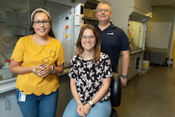 From left, Rice University graduate students Kaitlyn Lovato and Nicole Behnke and chemist László Kürti. The trio led a project to synthesize azetidines, precursors that make it easier for drug designers to access nitrogen atoms that are key to building new compounds. (Credit: Jeff Fitlow/Rice University)