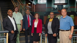 Rice University, Texas Southern University and the University of Houston have won a National Science Foundation grant to help underrepresented minorities pursuing academic careers in engineering and science. The principal investigators are, from left: Reginald DesRoches and Canek Phillips of Rice, Pradeep Sharma and Hanadi Rifai of the University of Houston, Yvette Pearson of Rice and Wei Wayne Li of Texas Southern University. (Credit: Jeff Fitlow/Rice University)