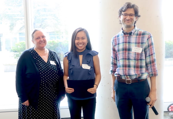 From left, Jane Grande-Allen, the Isabel C. Cameron Professor of Bioengineering and chair of the Rice bioengineering department; Lucia Zhang, whose poster won the American Heart Association Summer Cardiovascular Research Internship Program prize, and Zachary Ball, a professor of chemistry and faculty director of the Institute of Biosciences and Bioengineering.