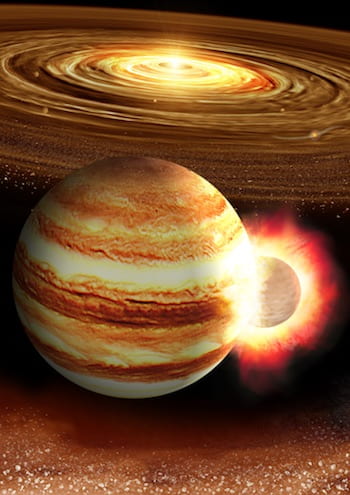 An artist's impression of a collision between a young Jupiter and a massive still-forming protoplanet in the early solar system. (Illustration by K. Suda & Y. Akimoto/Mabuchi Design Office, courtesy of Astrobiology Center, Japan)