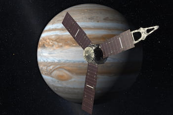 An artist's concept of the Juno spacecraft in orbit around Jupiter. (Image courtesy of NASA)