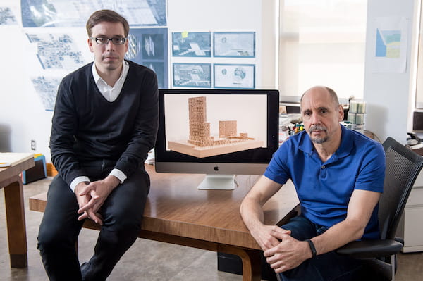 Research on mass timber construction by Jesús Vassallo, left, Rice's Gus Wortham Assistant Professor of Architecture, and Albert Pope, the Gus Wortham Professor of Architecture, encouraged Rice University to consider the technique in planning to update Hanszen College. The university won a U.S. Forest Service grant to facilitate planning and approval of the proposed structure. (Credit: Jeff Fitlow/Rice University)