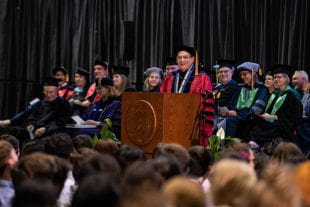 "We are thrilled and grateful you are here," President David Leebron told the nearly 1,000 new students. (Photo by Jeff Fitlow)