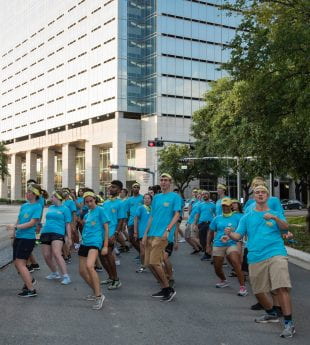 Lovett College students practiced their line dance for President Leebron's welcome barbecue ahead of move-in Aug. 18. (Photo by Tommy LaVergne)