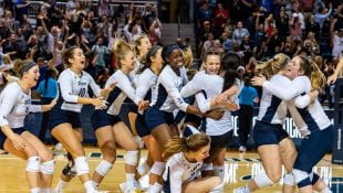 The Rice volleyball team defeated No. 3 Texas in five sets Sept. 18 at Tudor Fieldhouse. (Photo by Maria Lysaker/Rice Athletics)