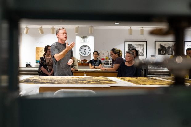 Karin Broker, professor of printmaking and drawing in the Department of Visual and Dramatic Arts (VADA), hosted master printer Patrick Masterson Sept. 25 for an intimate roundtable talk at Rice’s Printpalace in Sewall Hall. 