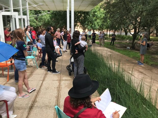 Rice community members curious to learn more about the sound installation that’s been chirping and chattering outside the Brochstein Pavilion since April came out Sept. 21 to hear Nina Katchadourian speak about her work during a Rice Public Art-hosted reception. 