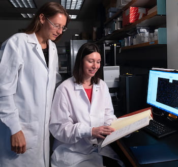 Rice University bioscientists Natasha Kirienko, left, and Svetlana Panina found a cocktail of cancer-fighting mitocan molecules and a glycolytic inhibitor is effective at fighting acute myeloid leukemia. The discovery could lead to better personalized treatment of the disease. (Credit: Jeff Fitlow/Rice University)