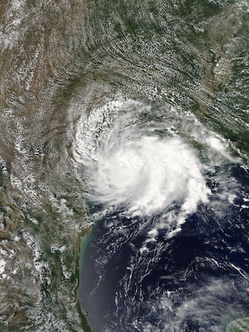 A satellite view shows Tropical Storm Imelda shortly after landfall near Freeport, Texas, on Sept. 17, 2019. (Credit: NASA)