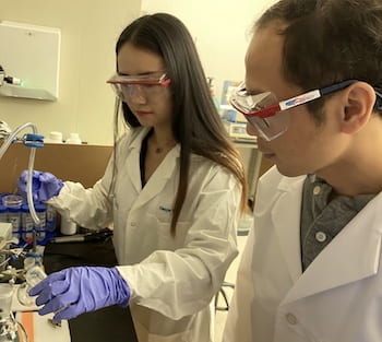 Rice University graduate student Xiaoyin Tian, left, and postdoctoral researcher Jing Zhang led the effort to develop an inorganic catalyst for ammonia based on doped, two-dimensional molybdenum disulfide. (Credit: Lou Group/Rice University)