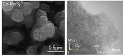 Microscope images show cobalt-doped molybdenum disulfide as grown on a carbon cloth. The high-resolution transmission electron microscope image at right reveals the doped nanosheets, which facilitate the efficient electrochemical catalysis of ammonia. The process was developed for small-scale use by materials scientists at Rice University. (Credit: Lou Group/Rice University)