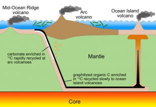 A figure that illustrates how inorganic carbon cycles through the mantle more quickly than organic carbon, which contains very little of the isotope carbon-13.