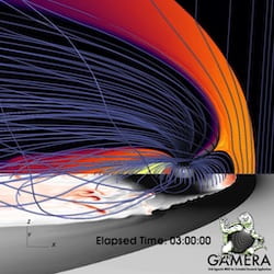 An image from a magnetohydrodynamic simulation by the Gamera project at the Johns Hopkins Applied Physics Laboratory shows bursty flows (in red and brown) in the plasma sheet. Rice University space plasma physicists developed algorithms to measure the buoyancy waves that appear in thin filaments of magnetic flux on Earth’s nightside. (Credit: Gamera/APL)
