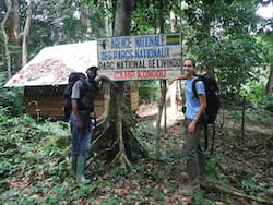 Rice University graduate student Therese Lamperty with Prince Mokuoapamba, a master’s student at Masuku University of Science and Technology in Franceville, Gabon. Lamperty studied how the presence of megafauna like African forest elephants affected insect populations in preserved and hunted forests in Gabon. The study showed that termite populations in particular suffered when elephants are absent. (Credit: Photo courtesy of Therese Lamperty)