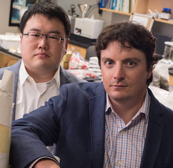 Rice University researchers Hongbo Ma, left, and Jeffrey Nittrouer, an assistant professor of Earth, environmental and planetary sciences, led a study that found a sharp break in the transport mechanism characteristics of sand and silt in riverbeds. (Credit: Jeff Fitlow/Rice University) 
