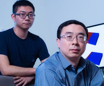 Rice University graduate student Kaiqi Yang, left, and materials scientist Ming Tang modeled how engineering defects in the atomic lattice of an iron phosphate cathode can improve the performance of lithium ion batteries. (Credit: Jeff Fitlow/Rice University)
