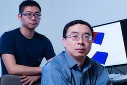 Rice University graduate student Kaiqi Yang, left, and materials scientist Ming Tang modeled how engineering defects in the atomic lattice of an iron phosphate cathode can improve the performance of lithium ion batteries. (Credit: Jeff Fitlow/Rice University)