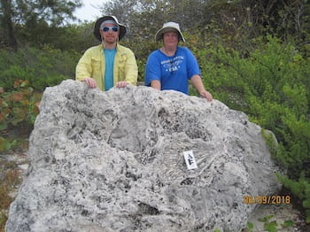 Gulf of Mexico coral reefs may only be saved by a dramatic reduction in greenhouse gas emissions beyond those called for in the Paris Agreement, according to Rice University-led research. Here, co-author Kristine DeLong and a colleague stand behind a fossilized coral reef boulder dating back to the last interglacial that washed ashore on Little Cayman. (Credit: Courtesy of Kristine DeLong, Louisiana State University)