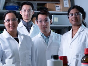 Rice University researchers -- from left, Sibani Lisa Biswal, Botao Farren Song, Quan Anh Nguyen and Anulekha Haridas -- built full lithium-ion batteries with silicon anodes and an alumina layer to protect cathodes from degrading. By limiting their energy density, the batteries promise excellent stability for transportation and grid storage use. (Credit: Jeff Fitlow/Rice University)