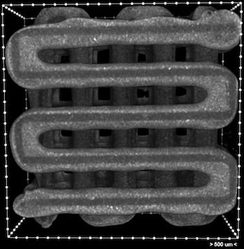 A microCT image shows a 3D-printed scaffold with clear grooves meant for the deposition of live cells.. The grooved lines hold ink deposited during the printing process. Scaffolds can be made in any shape, based on medical images, to fill the site of a wound. (Credit: Rice Biomaterials Lab)